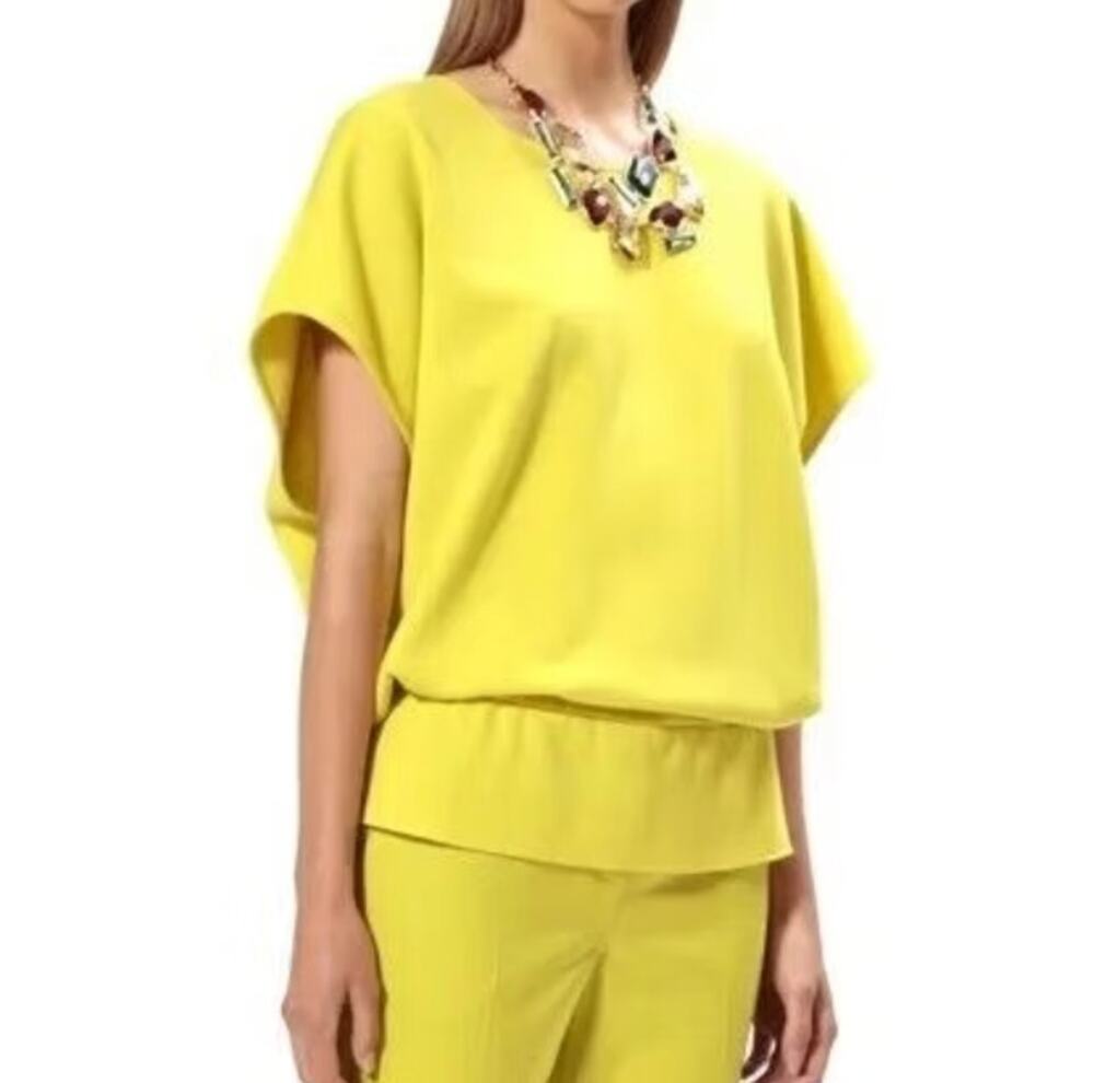 St. John Bright Chartreuse Green Wool Rayon Blend Relaxed Fit Cinched Knit Top